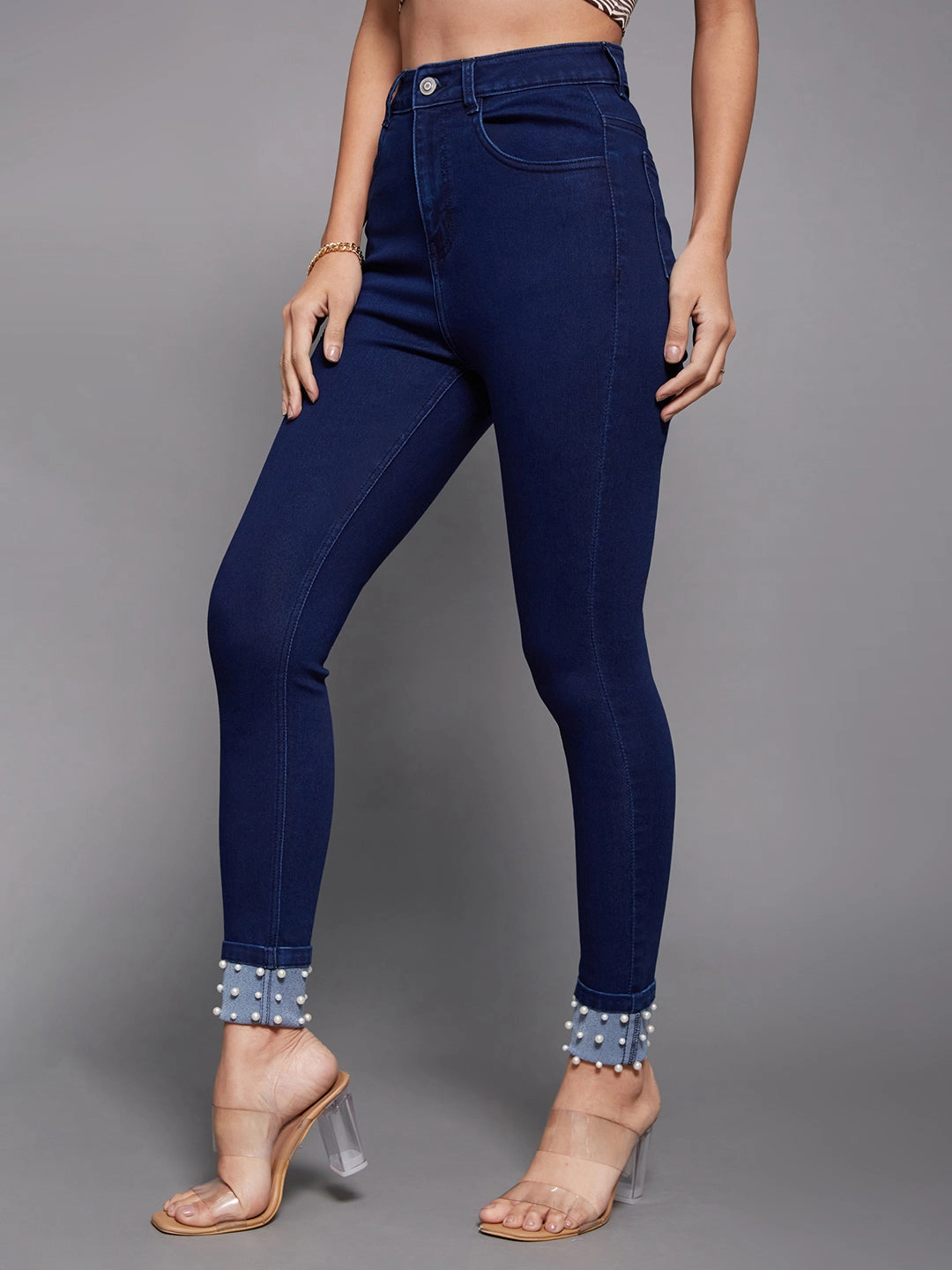 24/7 Comfort Navy-Blue Skinny-Fit High-Rise Pearl Embellished Stretchable Denim Jeans Go-To Style