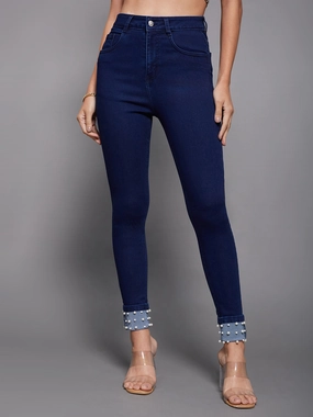 24/7 Comfort Navy-Blue Skinny-Fit High-Rise Pearl Embellished Stretchable Denim Jeans Fit Ready