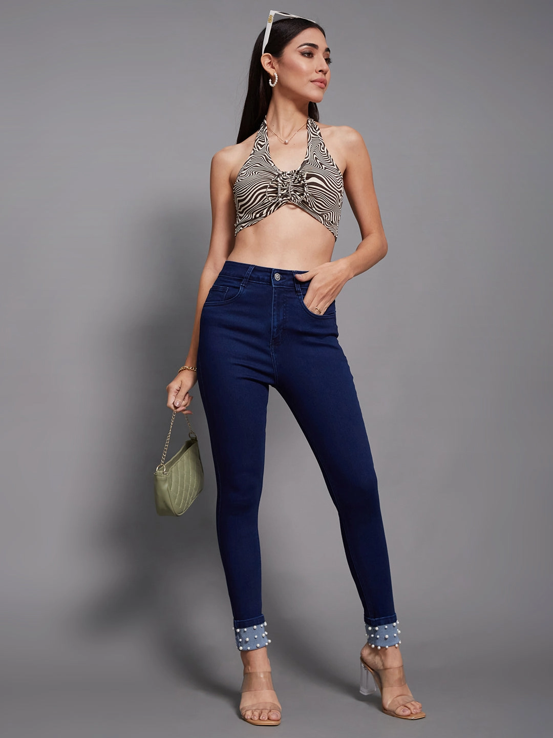 24/7 Comfort Navy-Blue Skinny-Fit High-Rise Pearl Embellished Stretchable Denim Jeans All Day Use