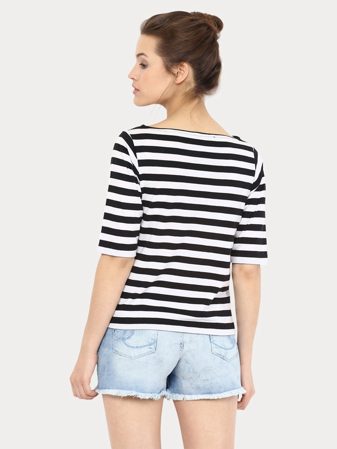 Soft Cotton Women's Black and White Boat Neck Half Sleeves Solid Striped Top