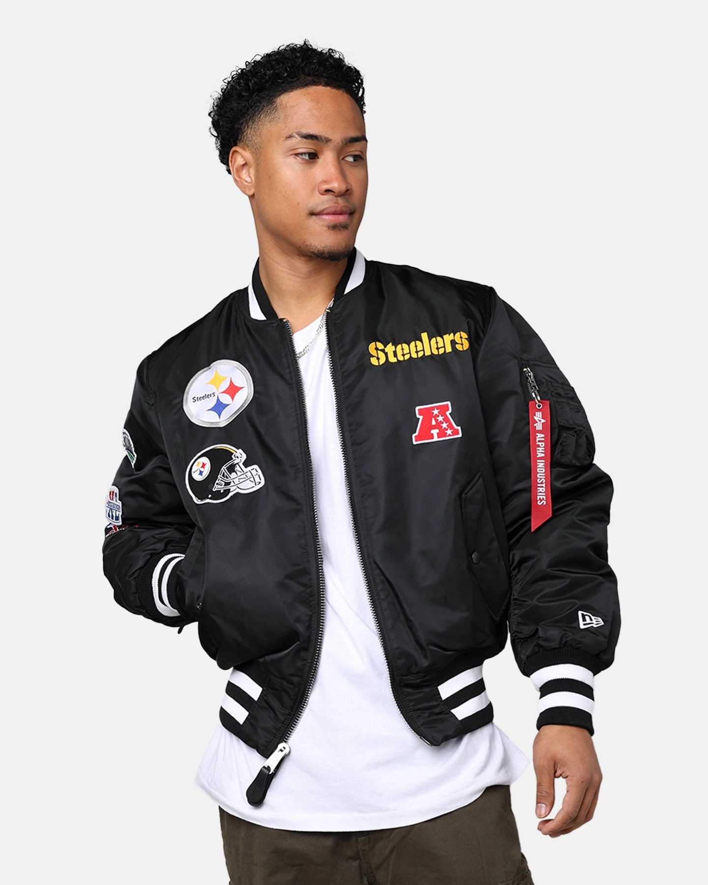 New Era X Alpha Series X NFL Pittsburgh Steelers MA-1 Bomber Jacket Black Flexible Shoulder Heat Sealed Edges