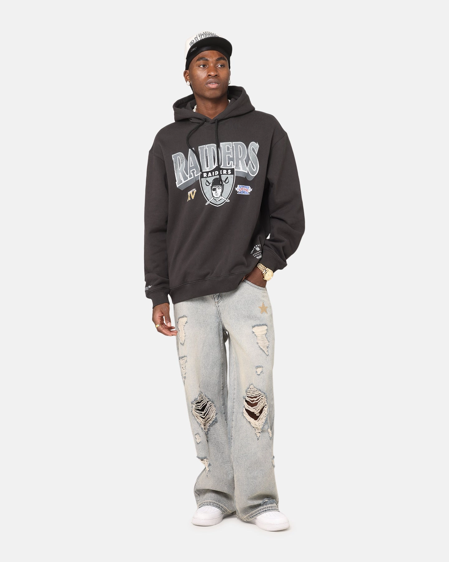 Mitchell & Ness Las Vegas Raiders Arch Hoodie Faded Black MultiFunctionalPockets MultiPurposeUtility