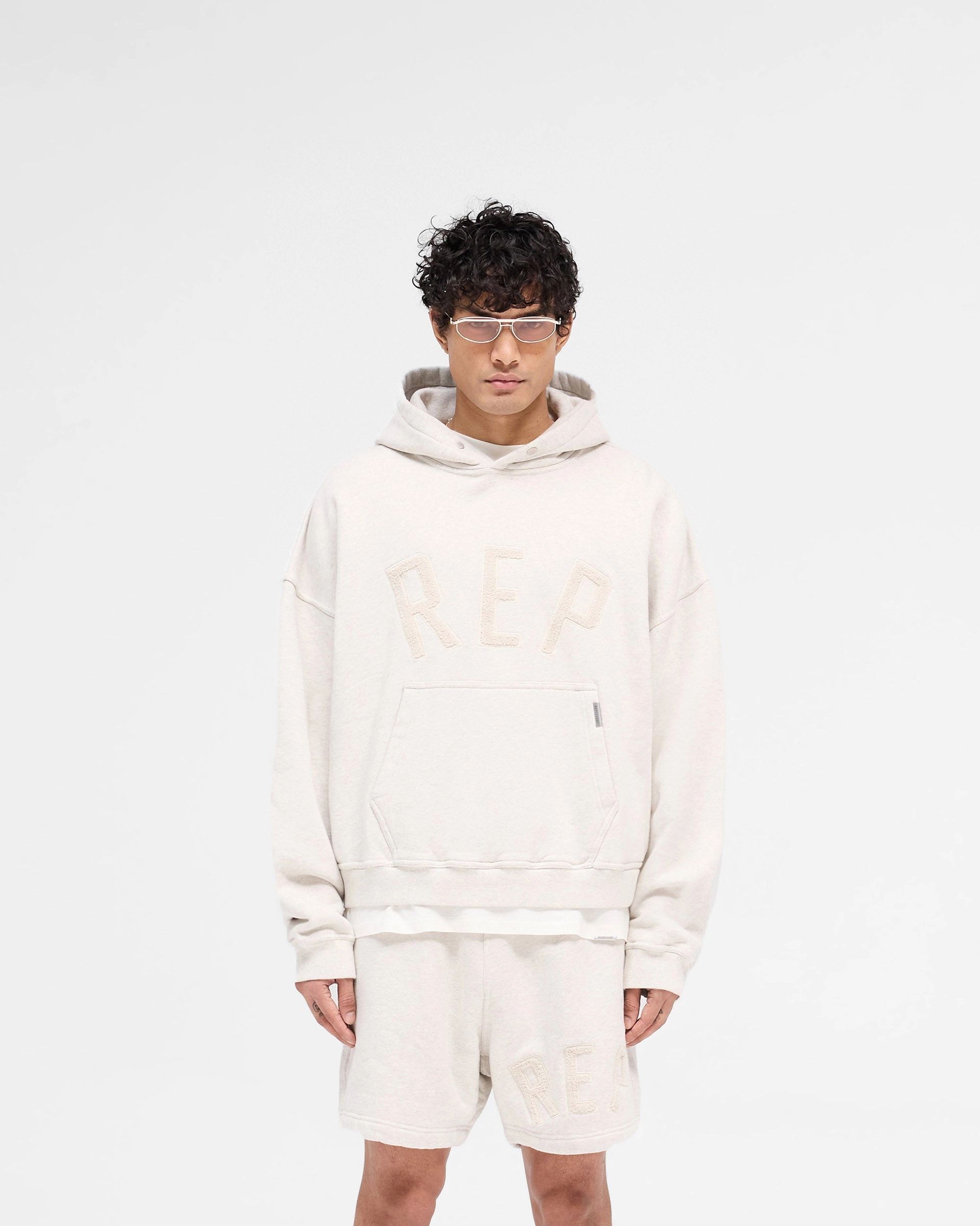 Rep Applique Hoodie - Cream Marl Contrast Stitching