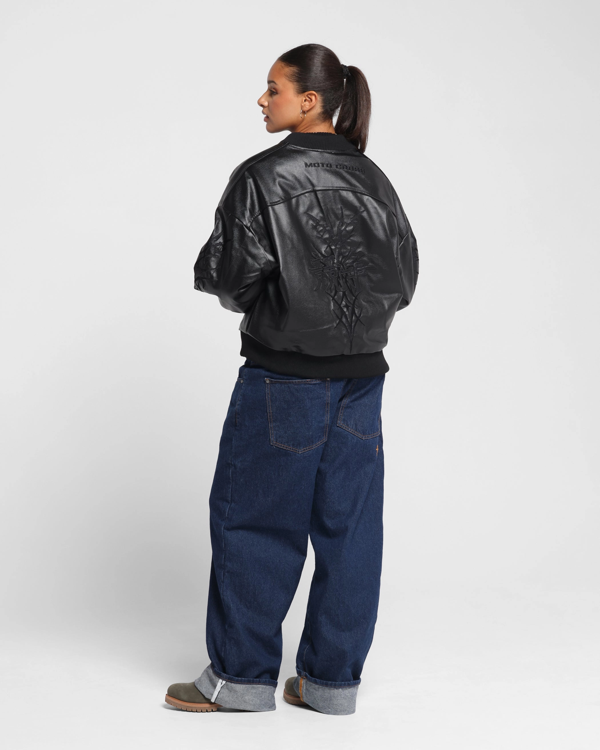 Double Stitched Hem Loiter Tokyo Drift Vegan Leather Jacket Black