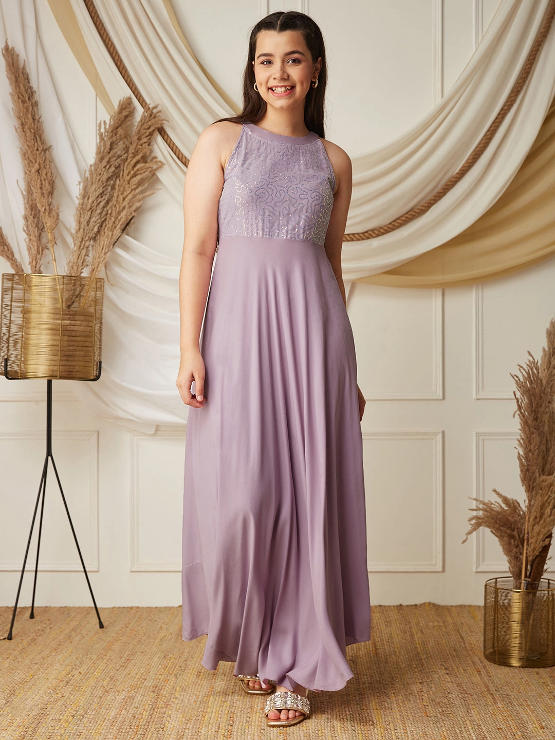 Ombre-Effect Peach Tone Lavender Halter-Neck Sleeveless Embellished Fit & Flare Viscose-Rayon Maxi Dress