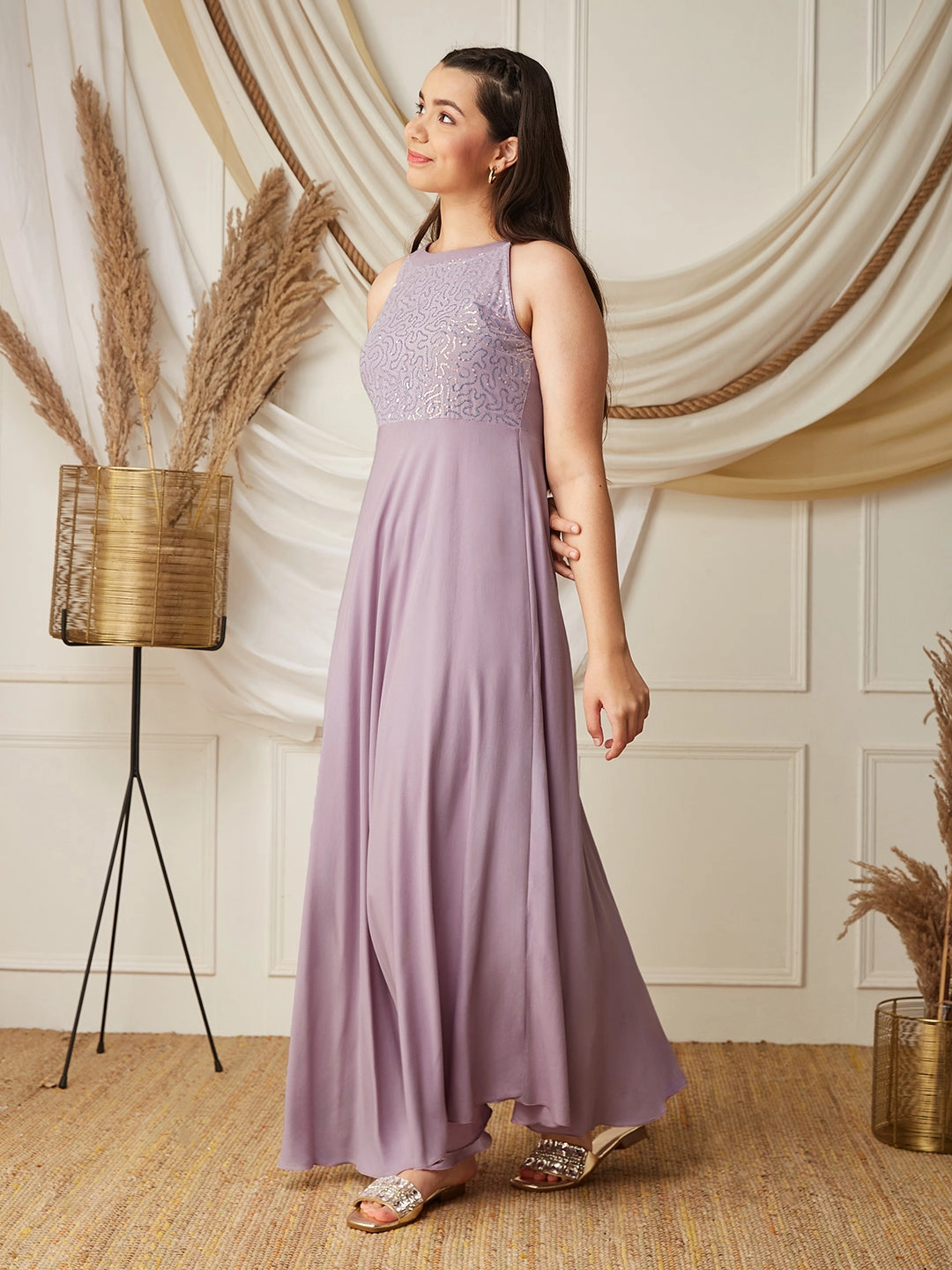 Playful design piece Lavender Halter-Neck Sleeveless Embellished Fit & Flare Viscose-Rayon Maxi Dress