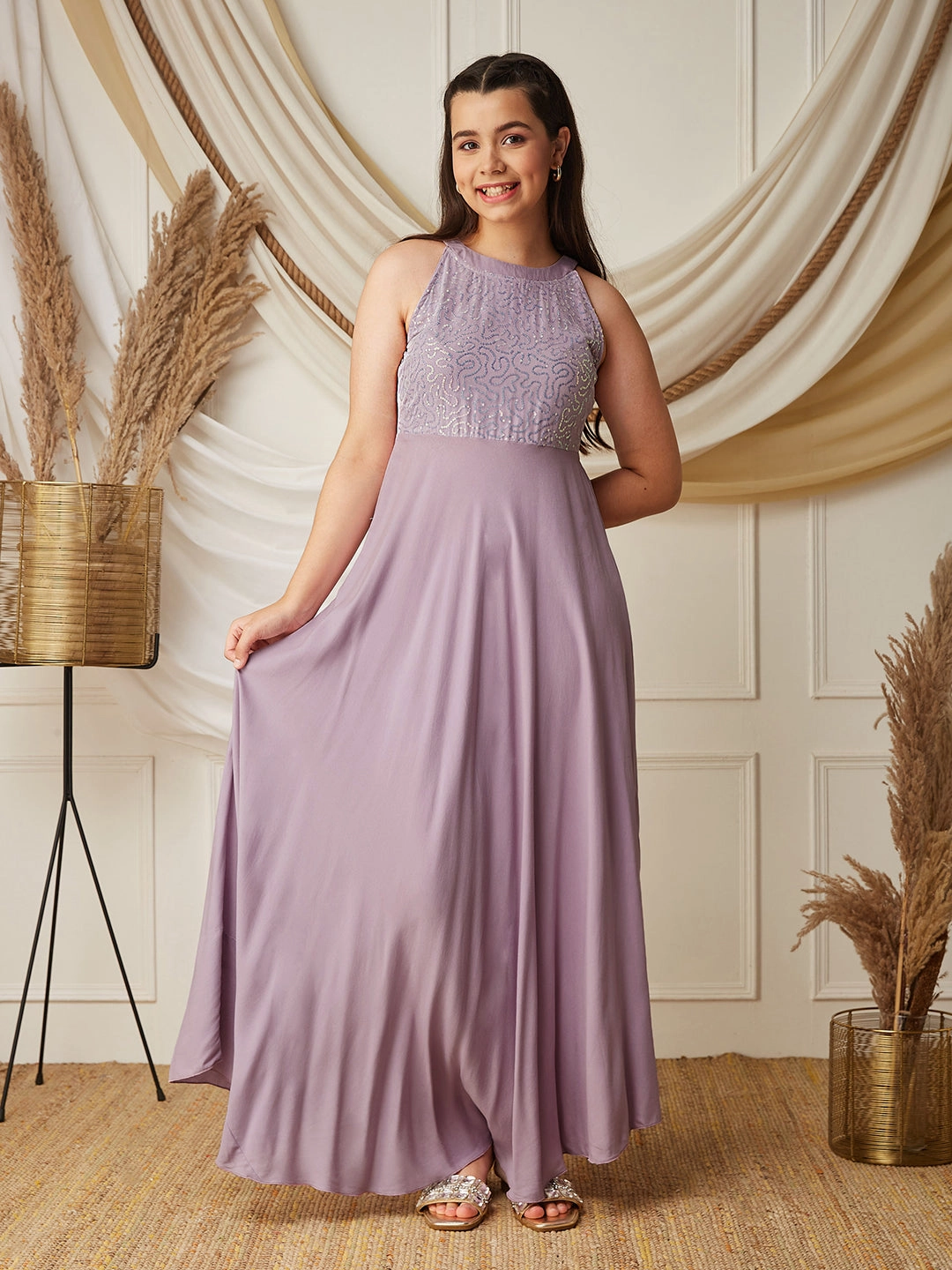 Lavender Halter-Neck Sleeveless Embellished Fit & Flare Viscose-Rayon Maxi Dress Minimalist Layering
