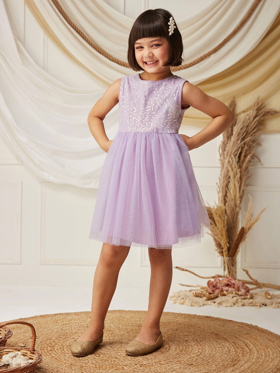 Perfect for Travel Soft fabric piece Lavender Round-Neck Sleeveless Embellished Fit & Flare Polyester Knee-Long Dress