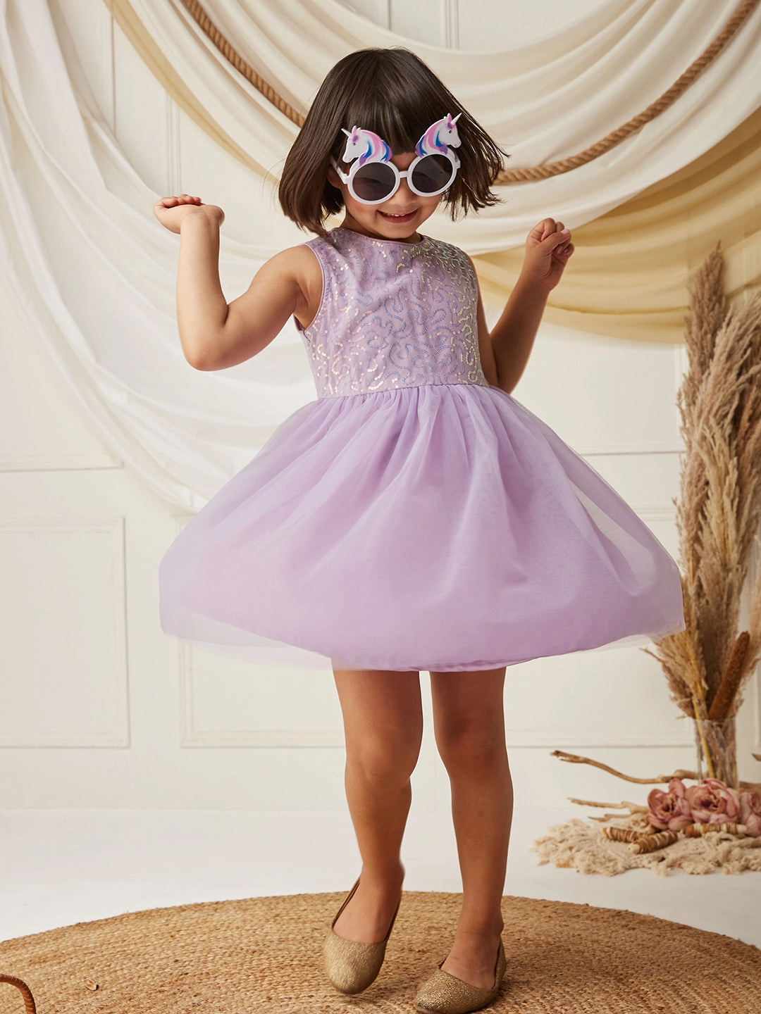 Relax Mode Flared shape Lavender Round-Neck Sleeveless Embellished Fit & Flare Polyester Knee-Long Dress