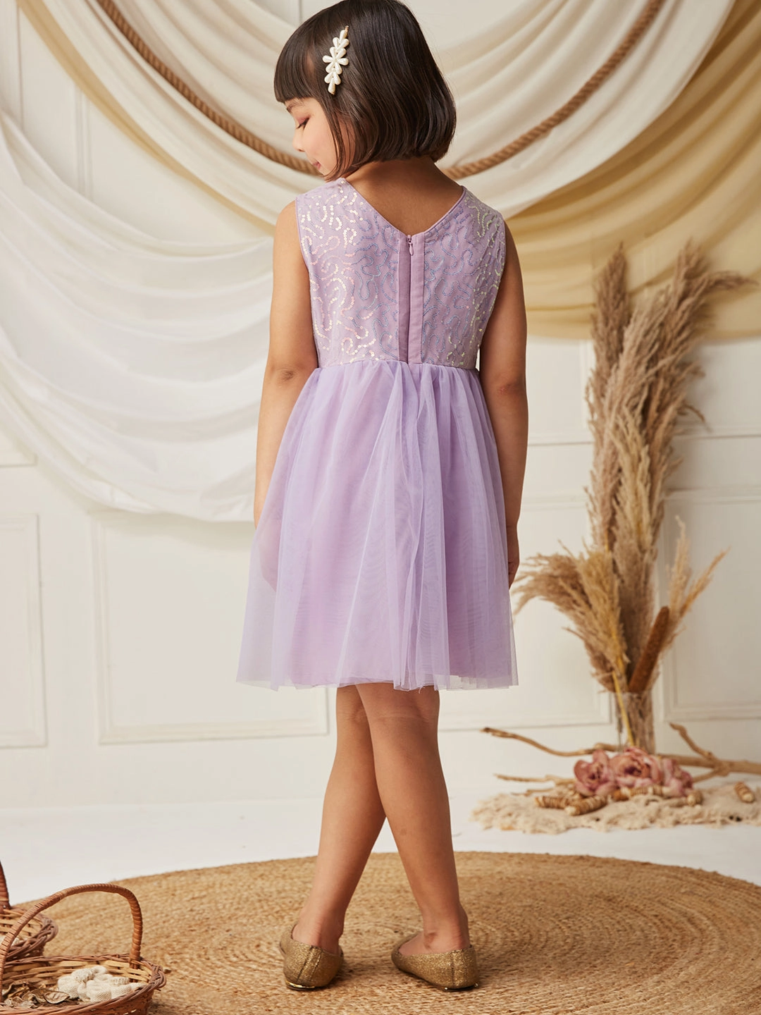 Lavender Round-Neck Sleeveless Embellished Fit & Flare Polyester Knee-Long Dress NonChafeSeams Cafe Vibe