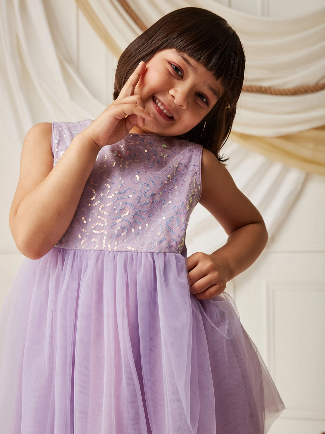 Lavender Round-Neck Sleeveless Embellished Fit & Flare Polyester Knee-Long Dress Sunset Look Social Charm