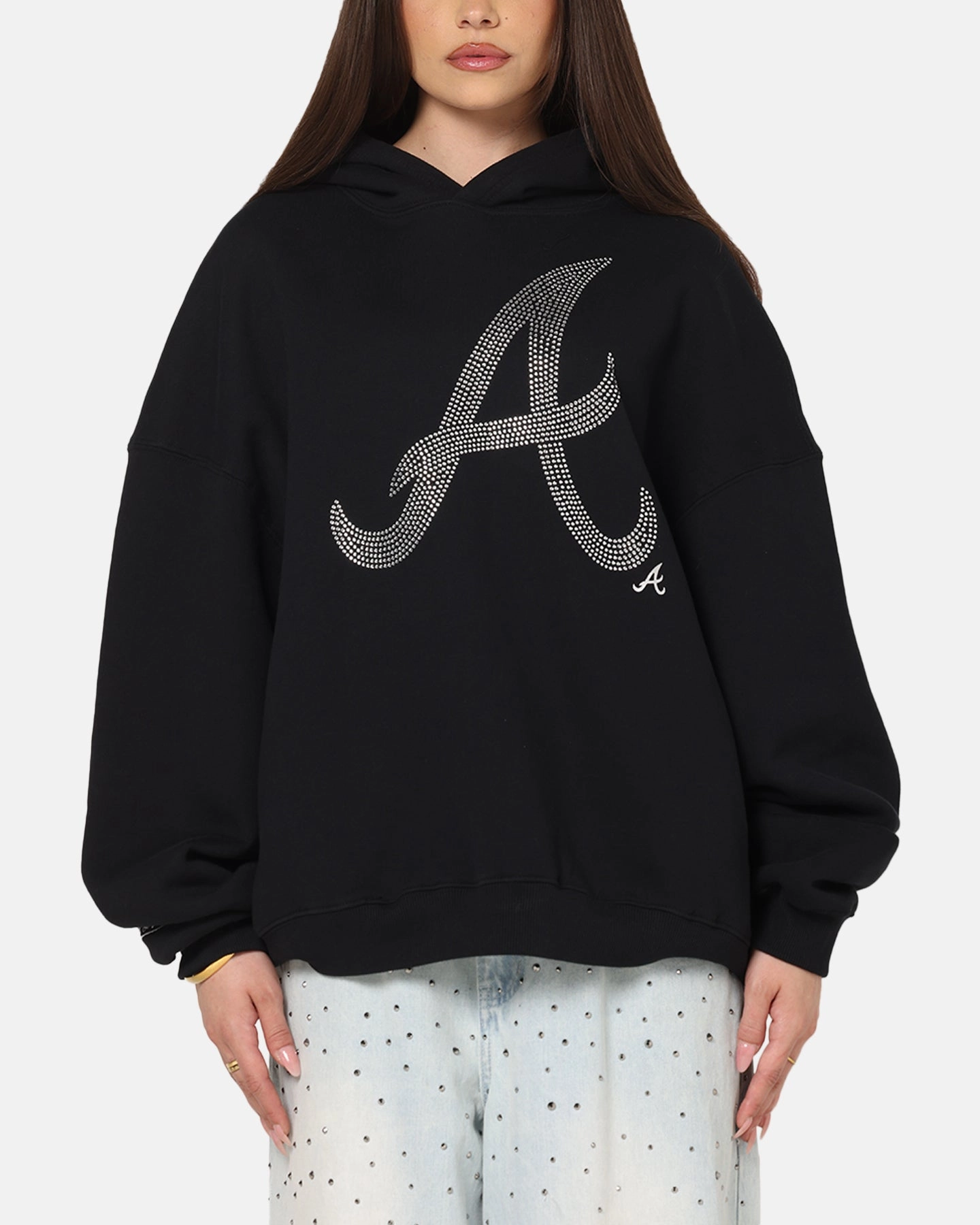 Mitchell & Ness Atlanta Braves Rhinestone Hoodie Faded Black Summer Style QuickDrying