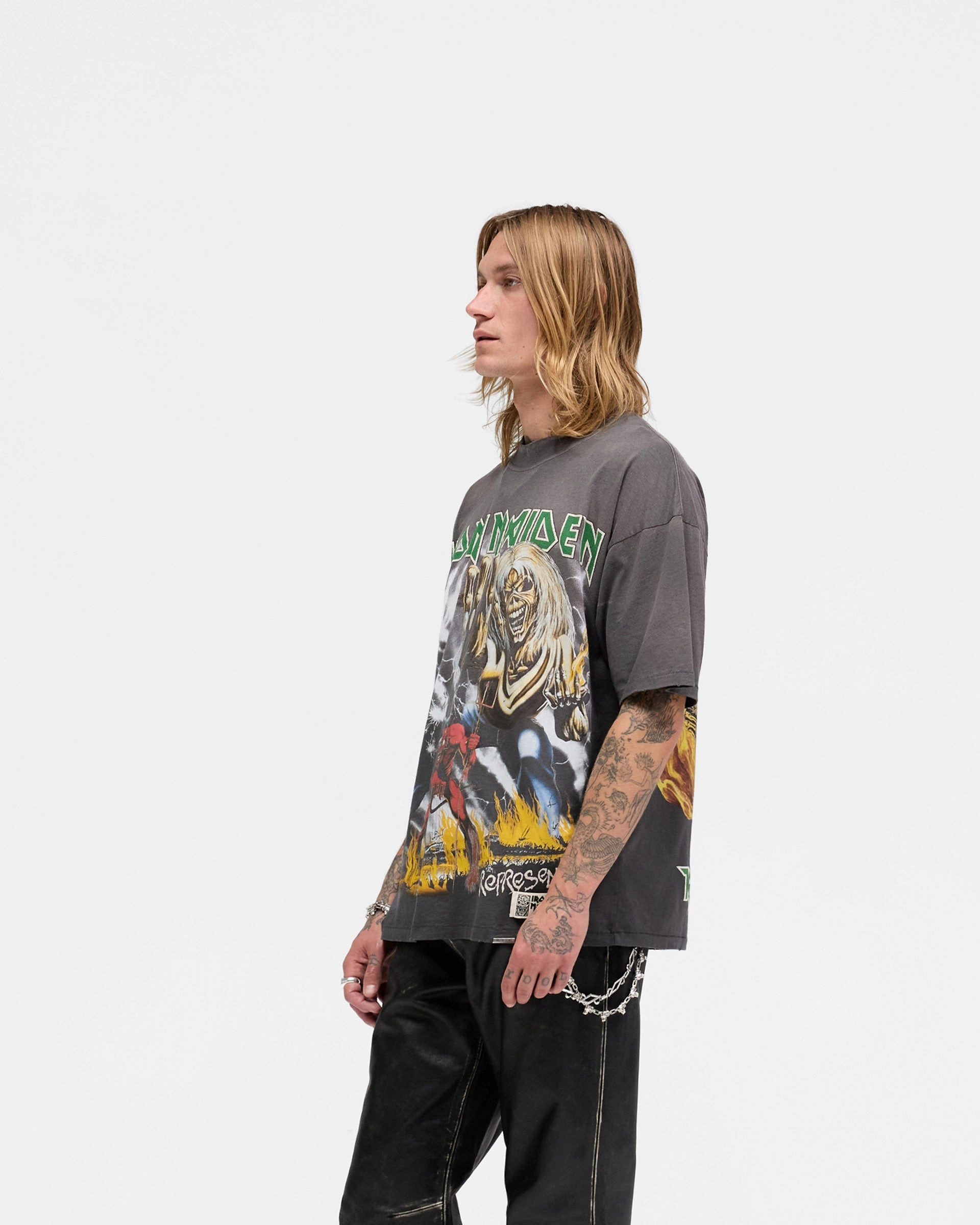 Odor Control Finish Stylish and Relaxed Represent X Iron Maiden Number Of Beast T-Shirt - Sunfade Grey