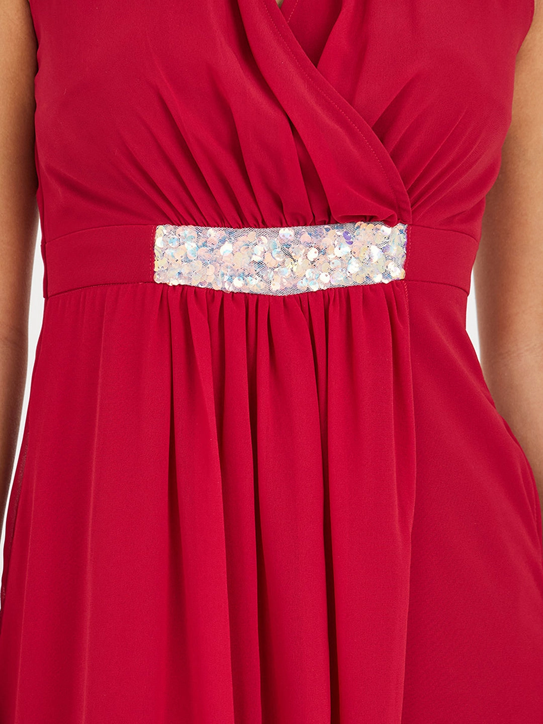 Versatile Edge Long Lines Women's Maroon V-Neck Sleeveless Embellished Wrap Regular-Length Jumpsuit