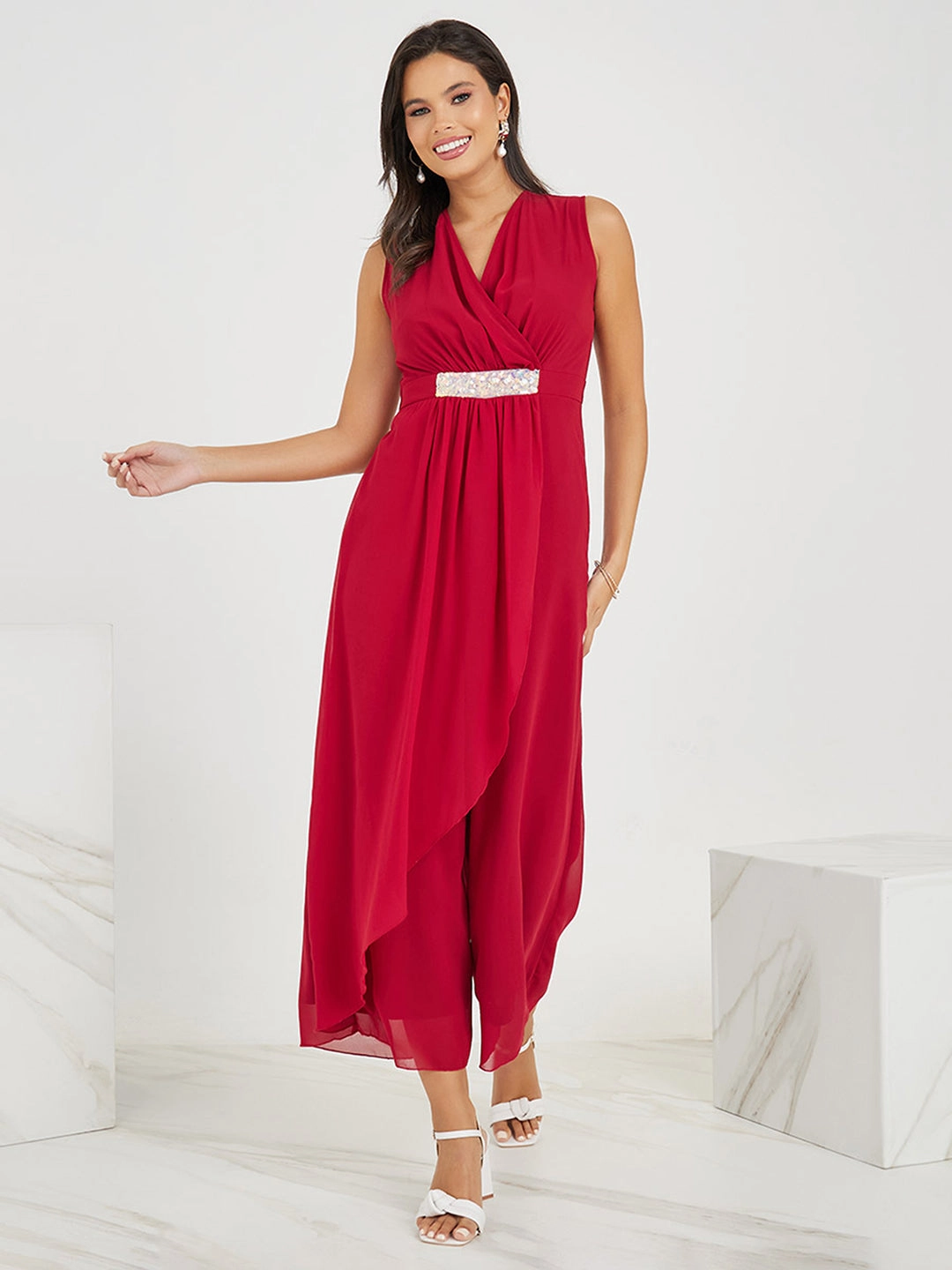 Flower Grace Women's Maroon V-Neck Sleeveless Embellished Wrap Regular-Length Jumpsuit