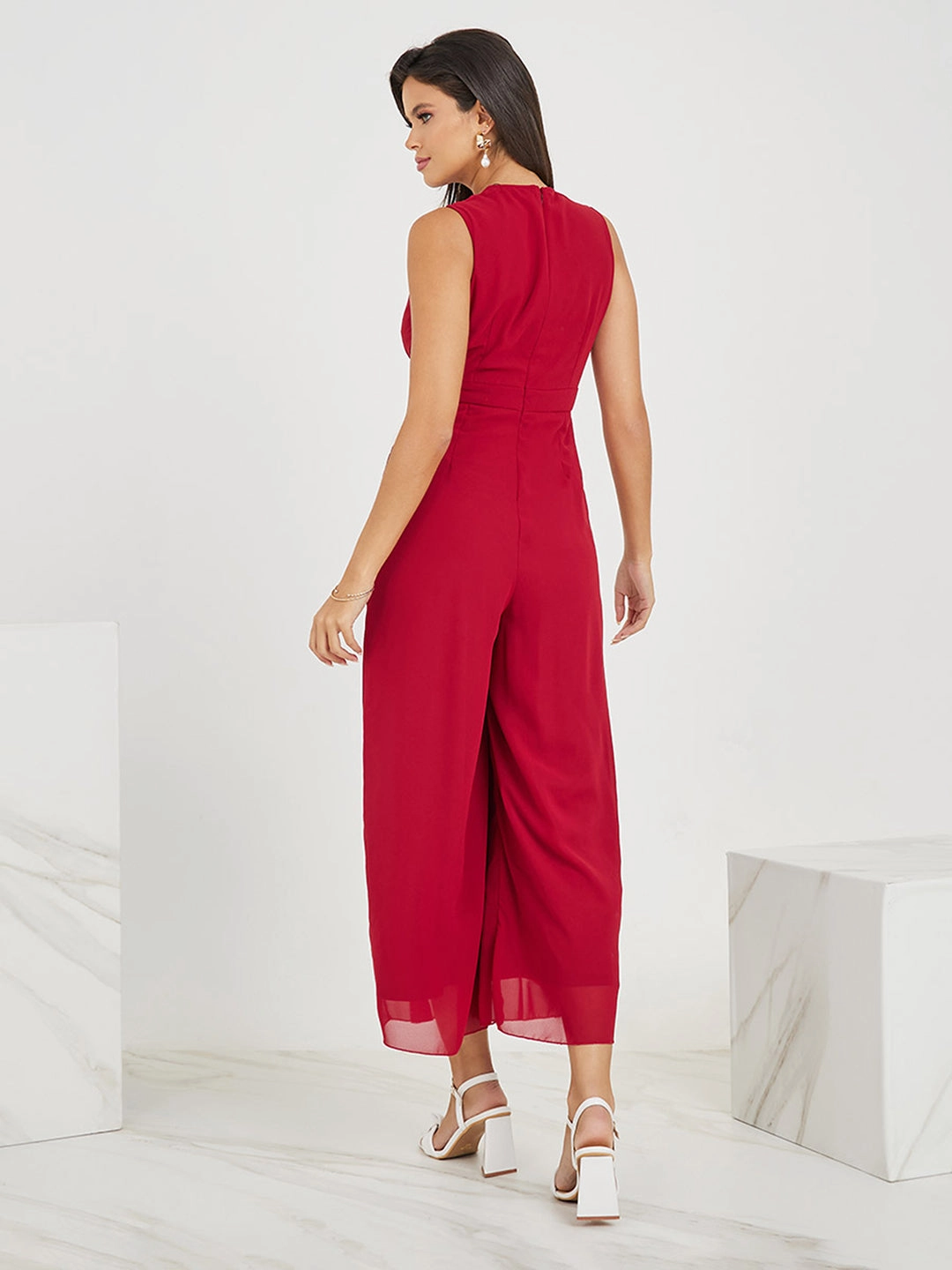 Women's Maroon V-Neck Sleeveless Embellished Wrap Regular-Length Jumpsuit Shade Glow Flattering Shape Look