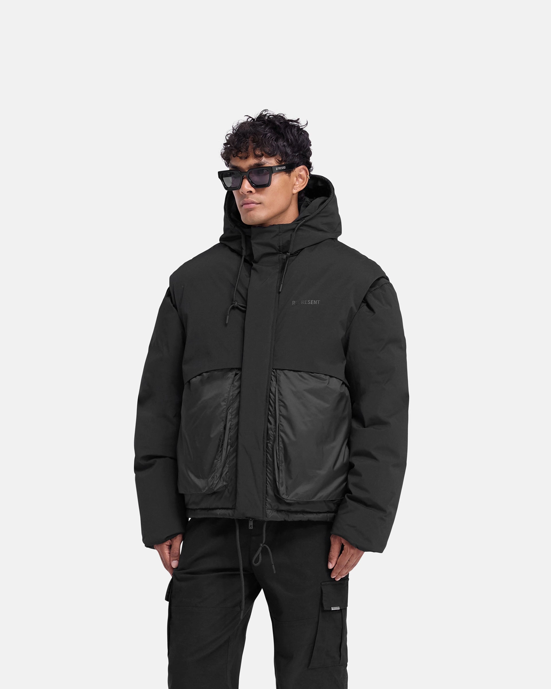 Convertible Cuff System Layered Hooded Puffer - Jet Black