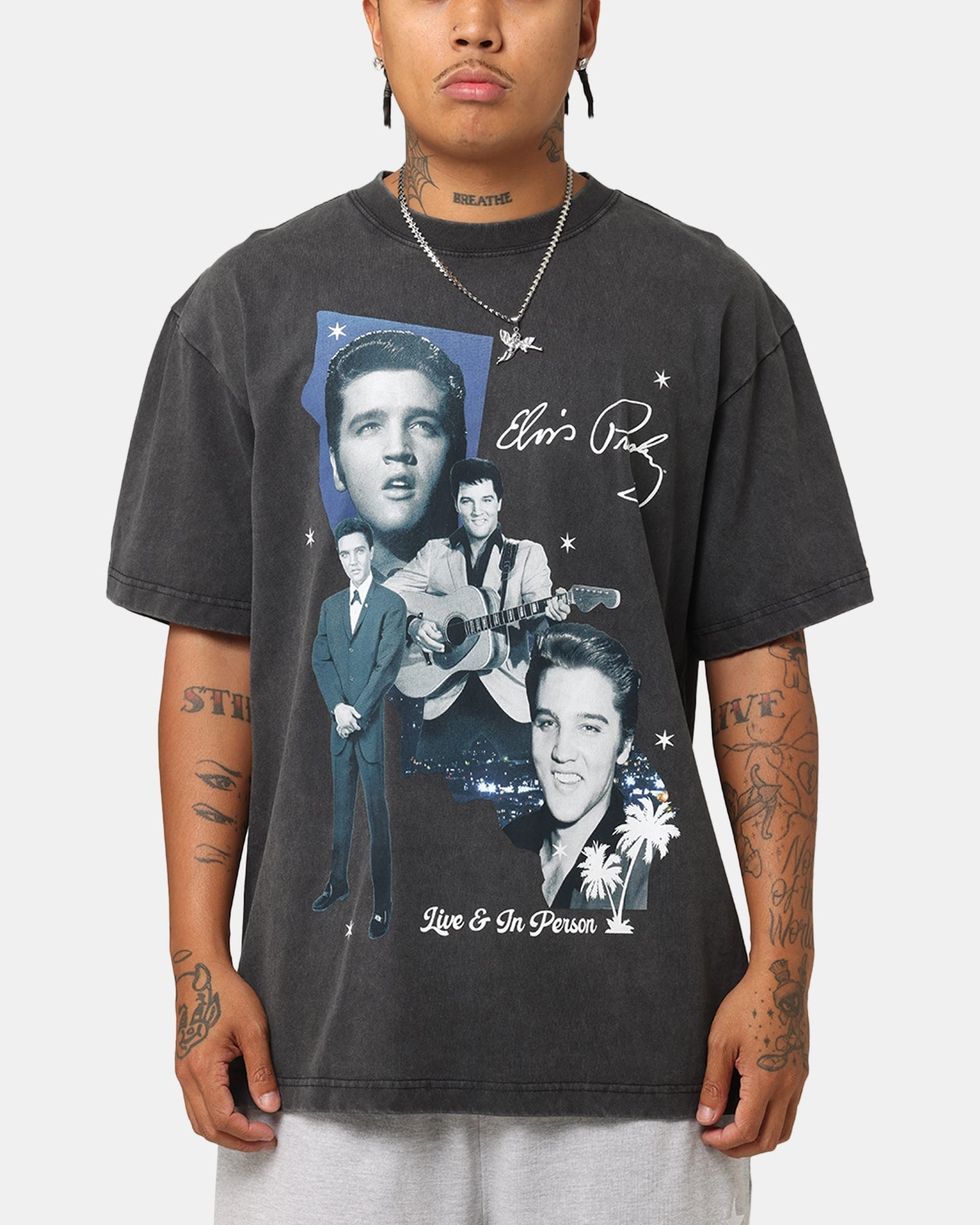 ID Supply Elvis Presley Live In LA T-Shirt Washed Black Drop Shoulder Silhouette
