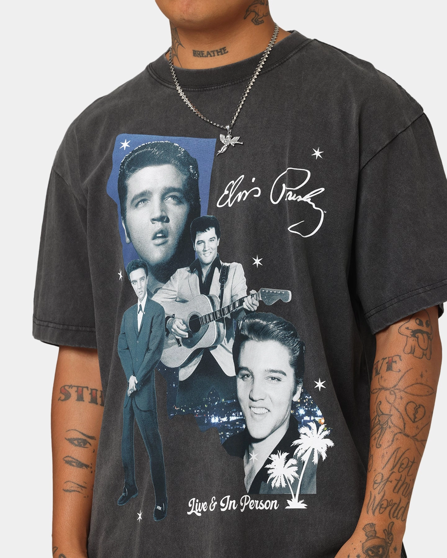 AntiPillingTechnology WrinkleResistant Cloth ID Supply Elvis Presley Live In LA T-Shirt Washed Black
