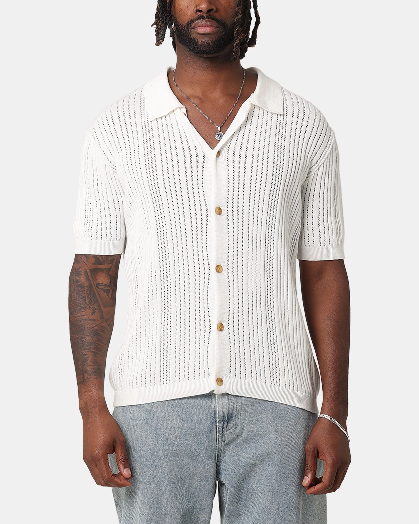 XXIII Elliot Knit Button Up Shirt White Retro design