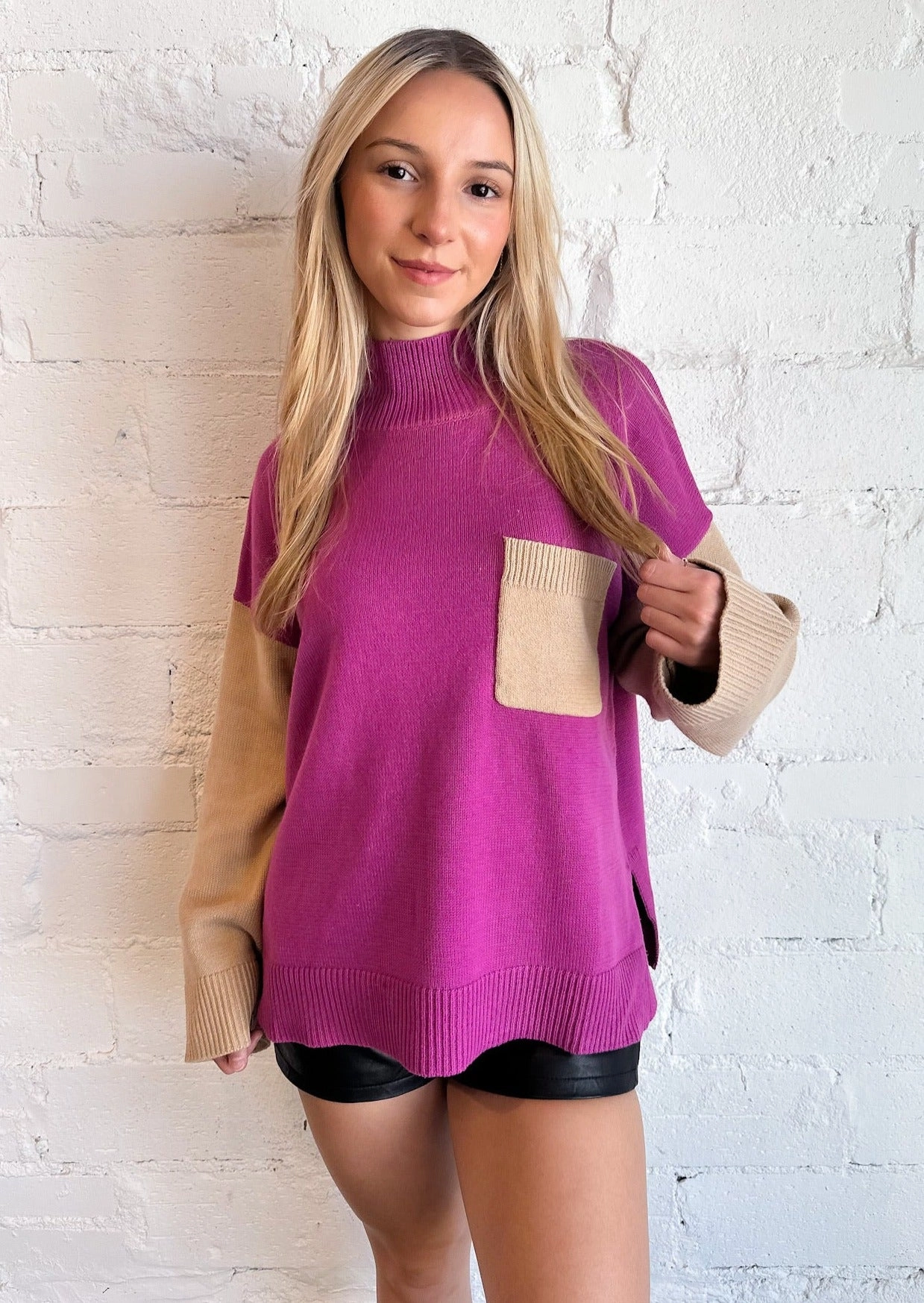 Daily Warmth Drop Shoulder Design Melissa 2-Tone Sweater