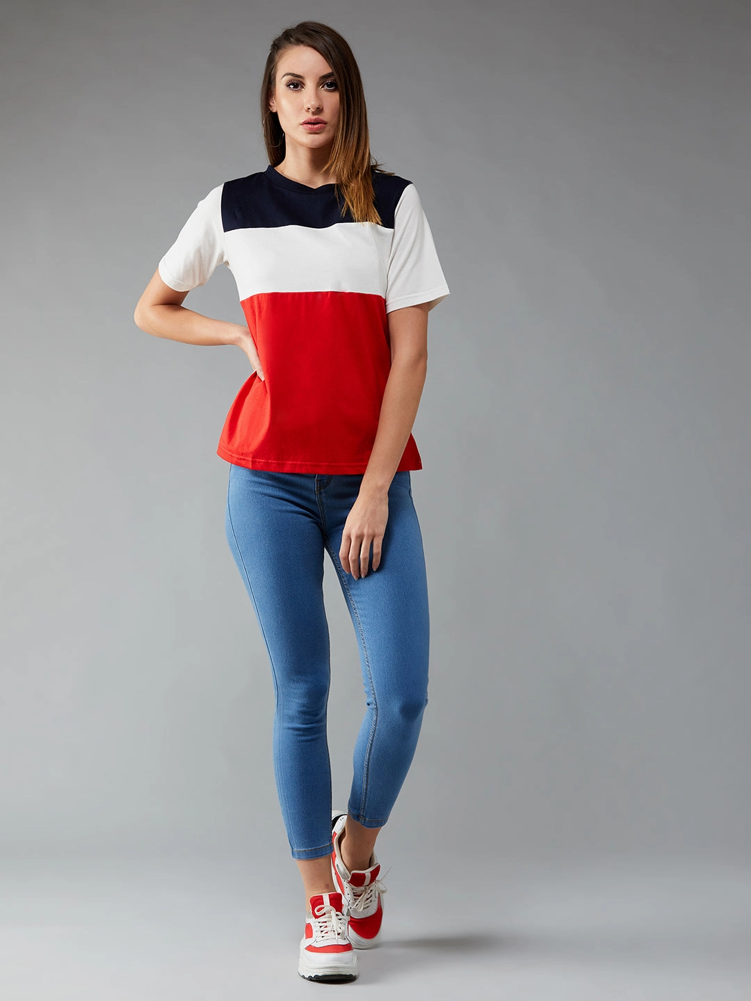 Women's Red Round Neck Half Sleeve Solid Paneled Regular T-Shirt Hidden Pocket Design