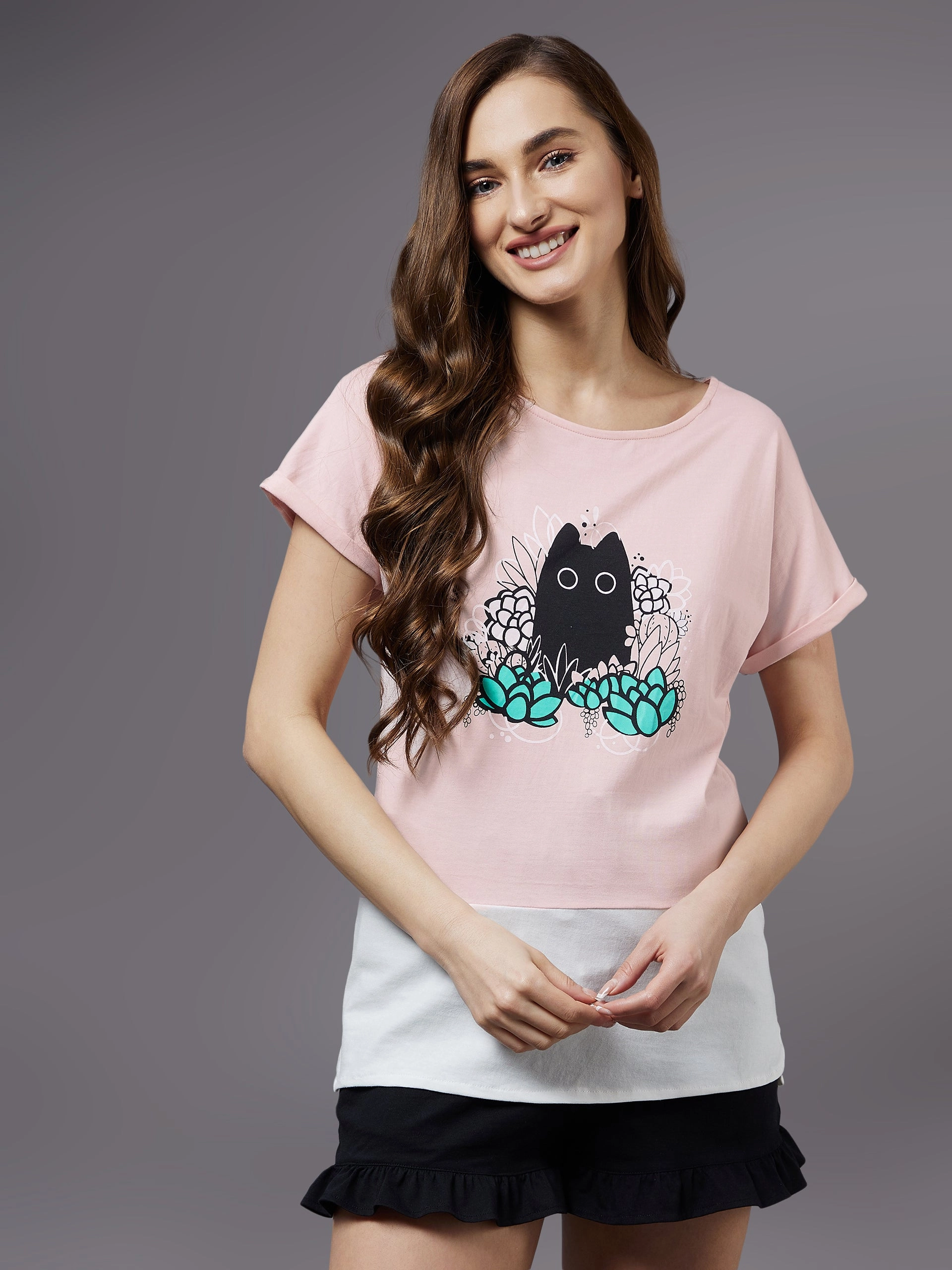 NonRestrictive Armholes Women's Light Pink Cotton Solid  Regular Length Round Neck Short Sleeves Loungewear T-shirt