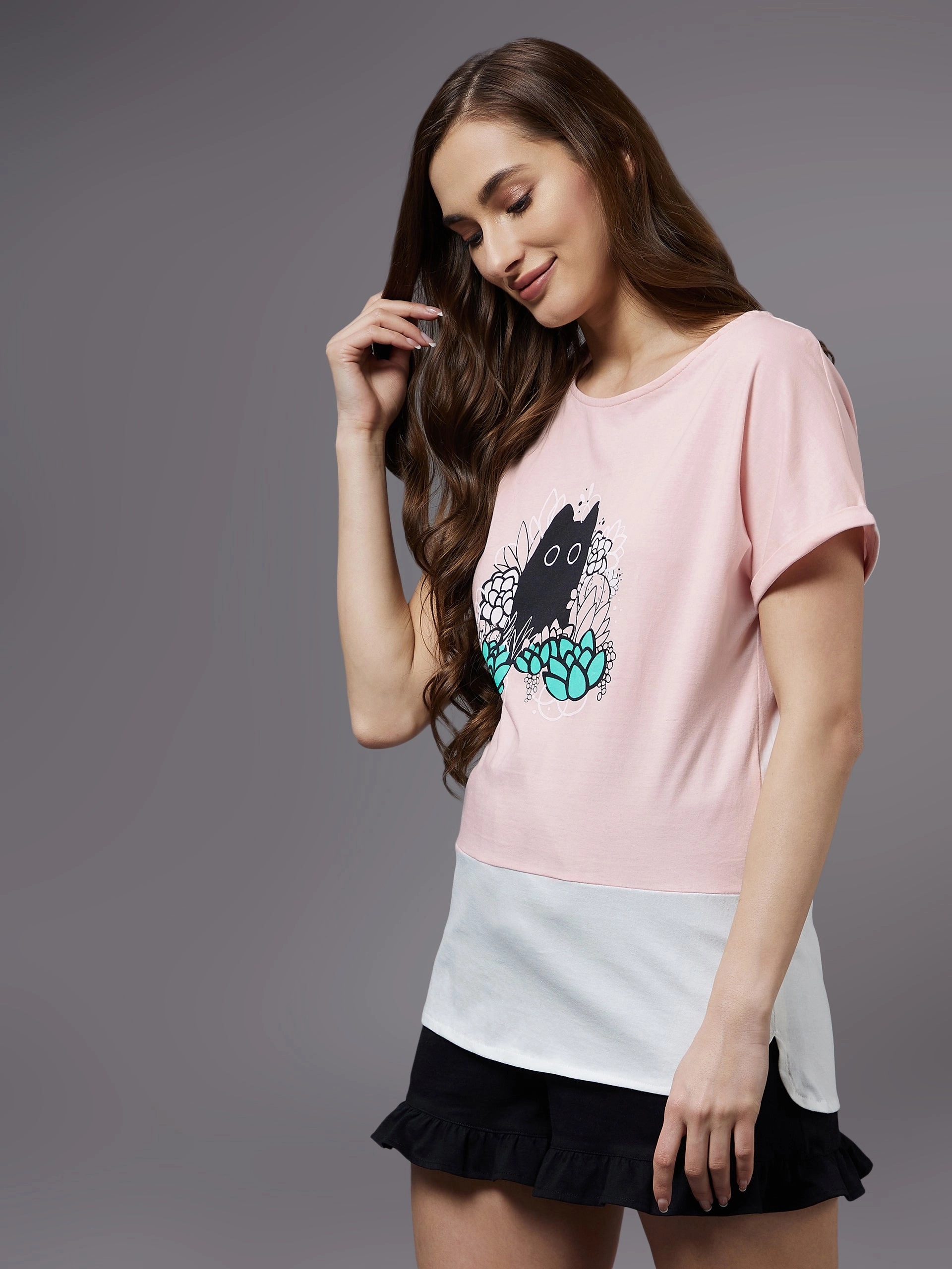 NonRestrictiveCollar Women's Light Pink Cotton Solid  Regular Length Round Neck Short Sleeves Loungewear T-shirt