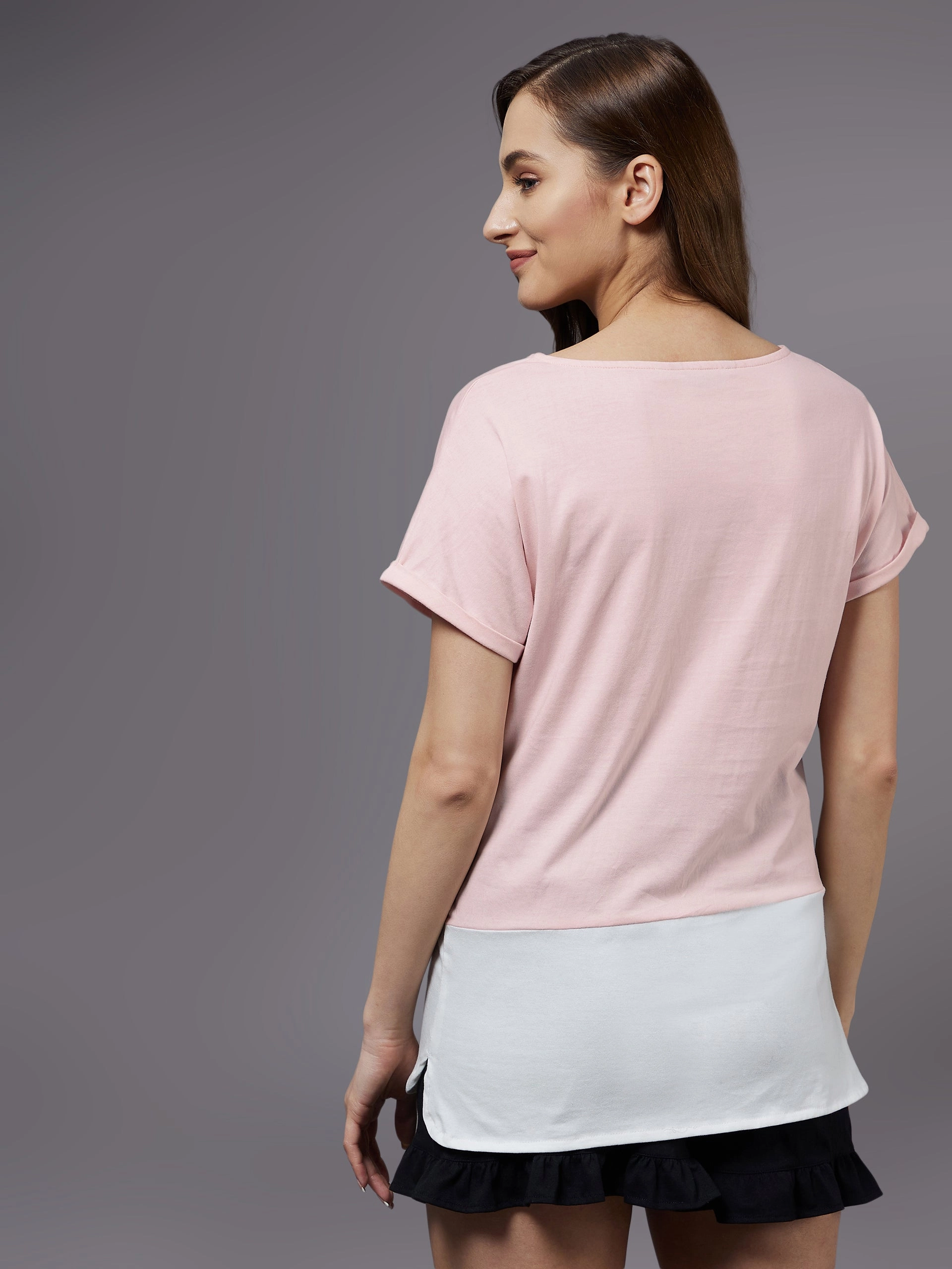 Women's Light Pink Cotton Solid  Regular Length Round Neck Short Sleeves Loungewear T-shirt Stretch Woven Material