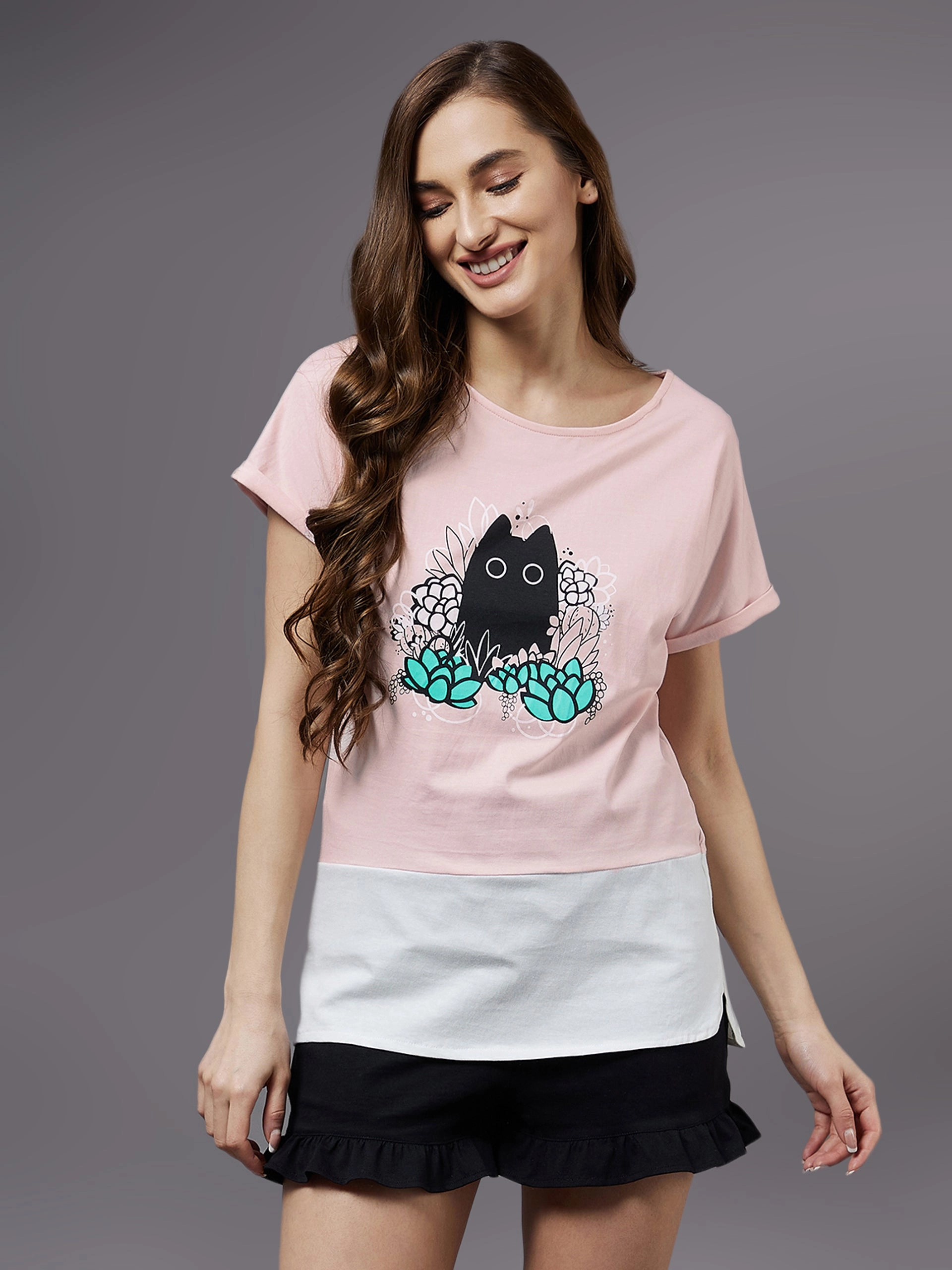 Women's Light Pink Cotton Solid  Regular Length Round Neck Short Sleeves Loungewear T-shirt Odor Neutralizing Technology