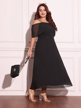Women's Black Bardot Style Sleeveless Spaghetti-Straps Solid Off-Shoulder Midi Skater Dress Countryside-Style Flare Hem