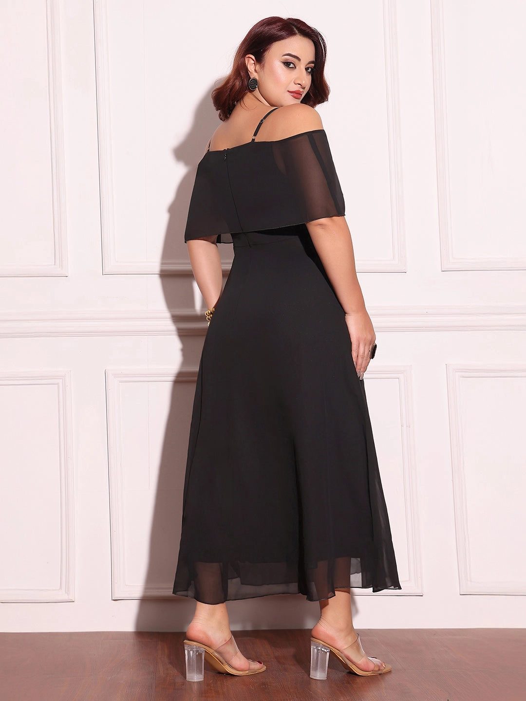 Women's Black Bardot Style Sleeveless Spaghetti-Straps Solid Off-Shoulder Midi Skater Dress Seasonal Wear