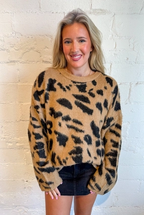 DoubleLayered Hem Technology Leopard Fuzzy Knit Oversize Sweater