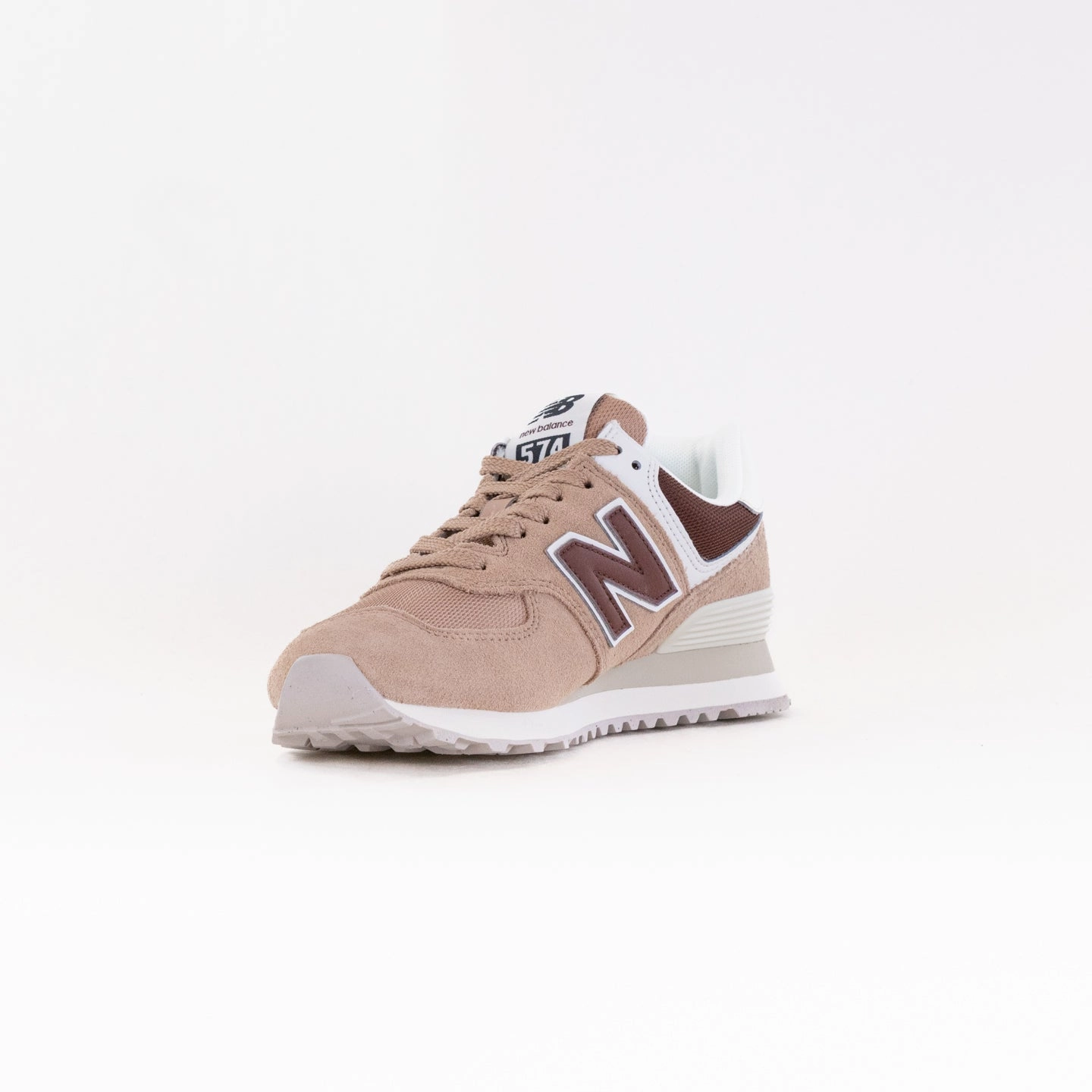 New Balance 574 (Women's) - Flat Taupe/Oak/Turtle Dove running in a fumarole area shoes