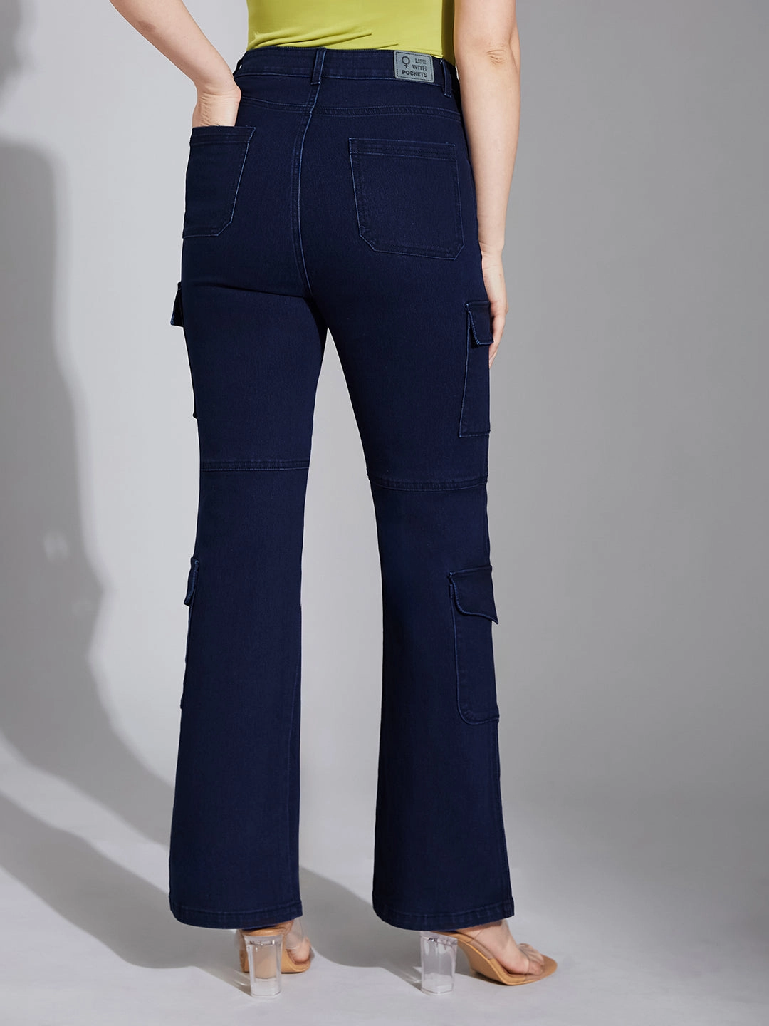 Women's Navy Blue Wide-Leg High-Rise Clean-Look Stretchable Denim Jeans Lightweight Material Base Layer