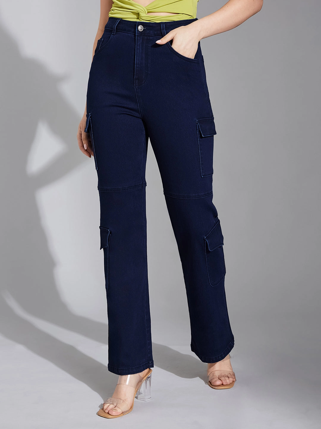 Weekend Style Outdoor Adventure Minimalist Elegant Women's Navy Blue Wide-Leg High-Rise Clean-Look Stretchable Denim Jeans