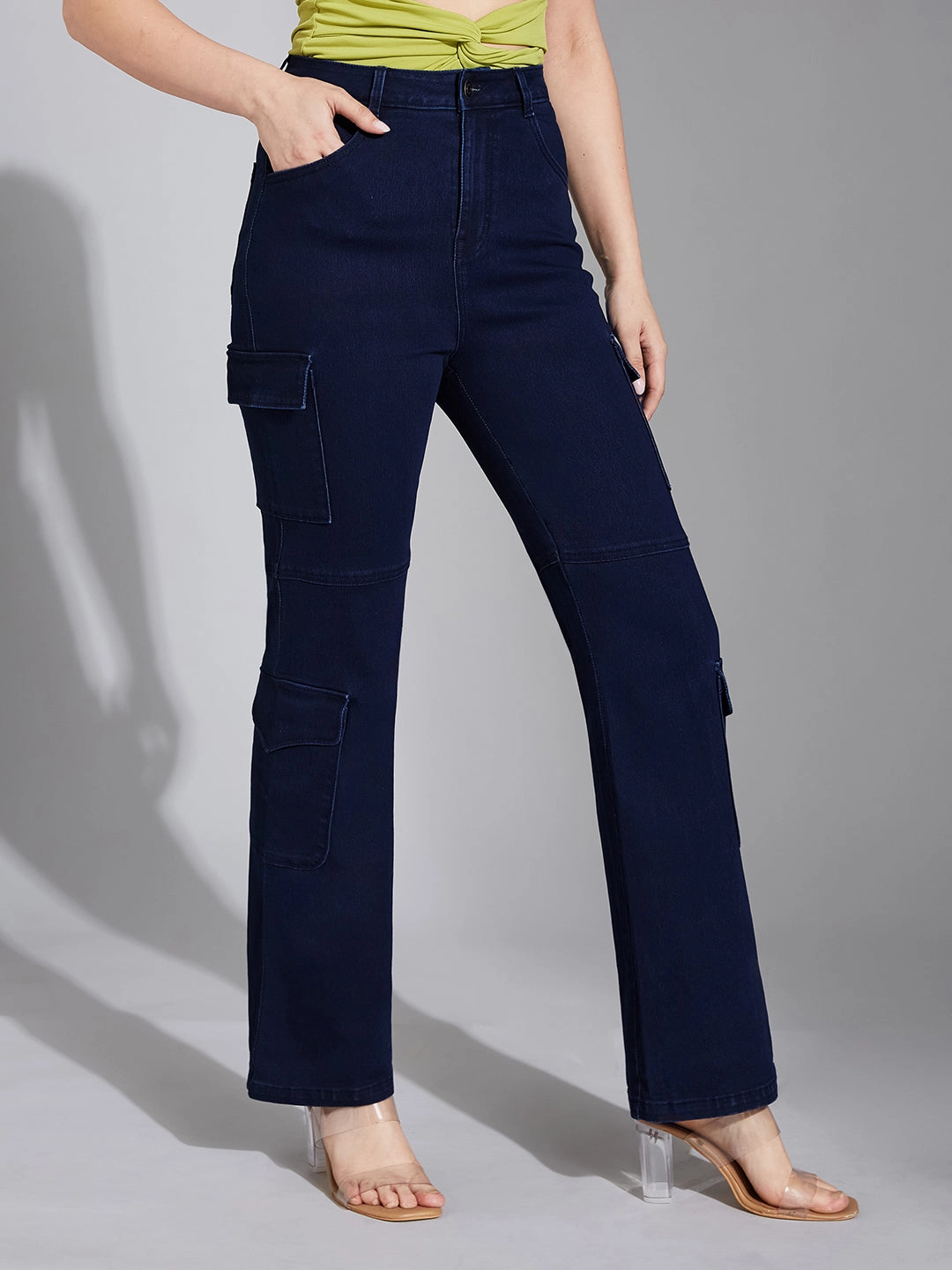 Contemporary Vibe Crosshatch Stitching Women's Navy Blue Wide-Leg High-Rise Clean-Look Stretchable Denim Jeans