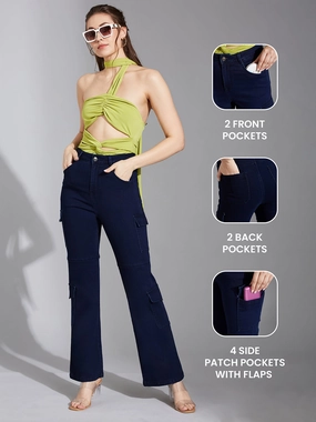 Women's Navy Blue Wide-Leg High-Rise Clean-Look Stretchable Denim Jeans City Walk Comfy Weekend Getaway