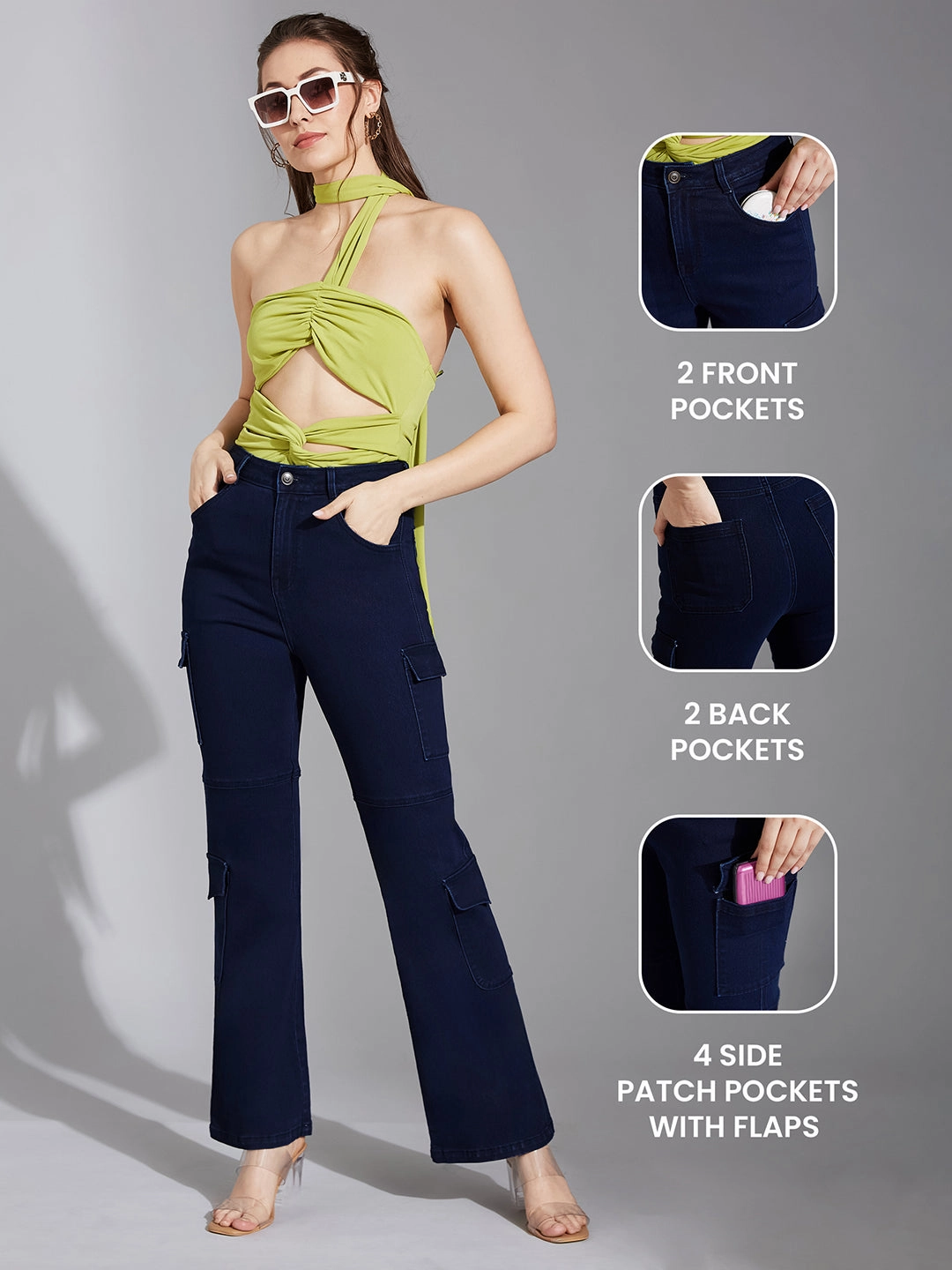 Women's Navy Blue Wide-Leg High-Rise Clean-Look Stretchable Denim Jeans City Walk Comfy Weekend Getaway