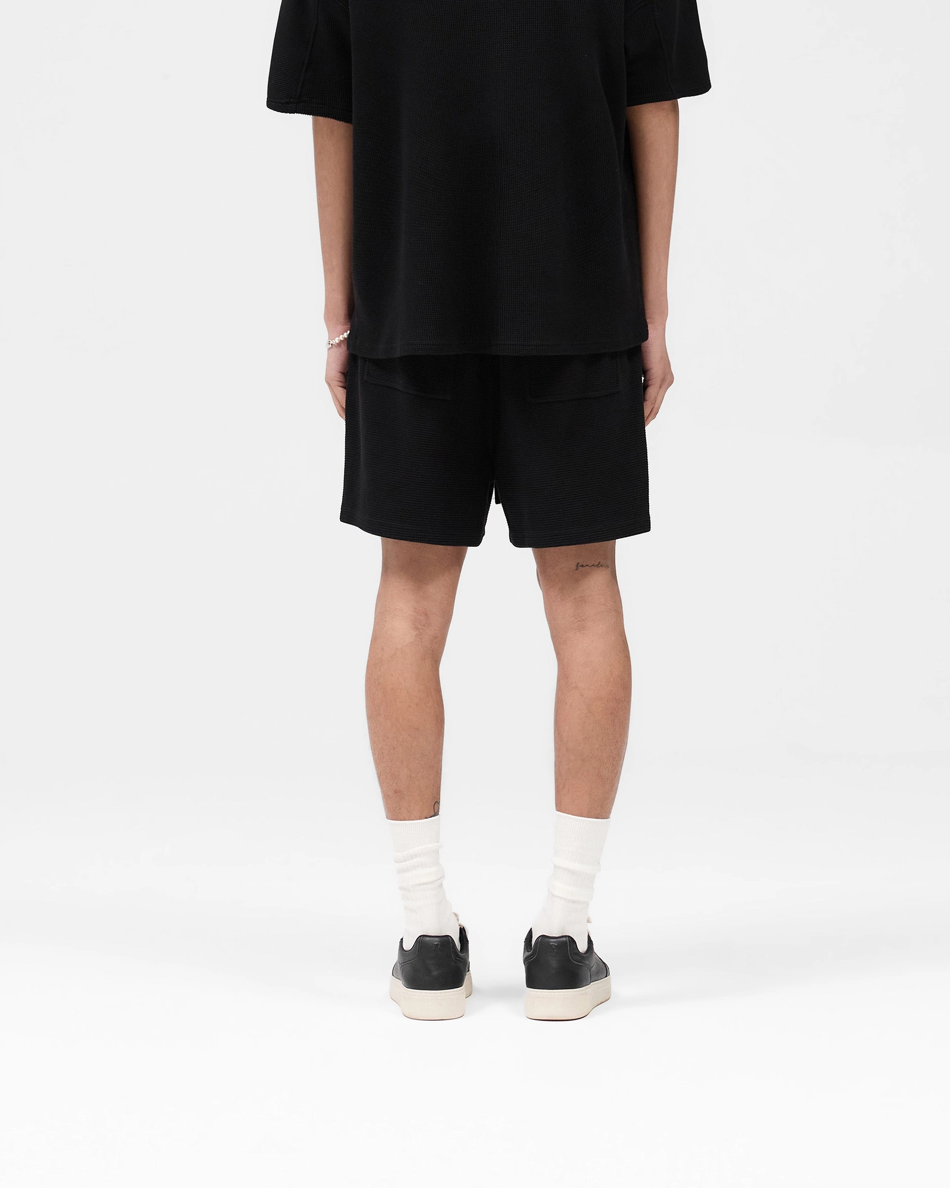 Layered Cuff Design Waffle Shorts - Black