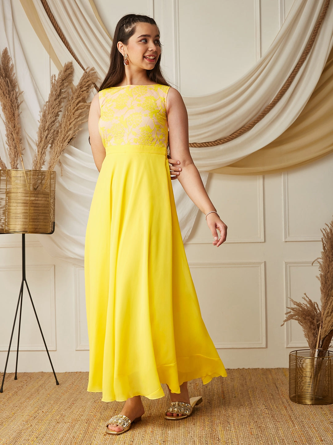 Light Yellow Boat-Neck Sleeveless Solid Lace Overlaid Polyester Maxi Dress Smart Waistband Fit