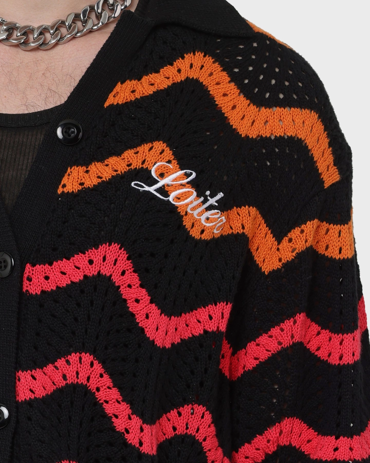 High Neckline Structure Loiter Breeze Knit Button-Up Shirt Black