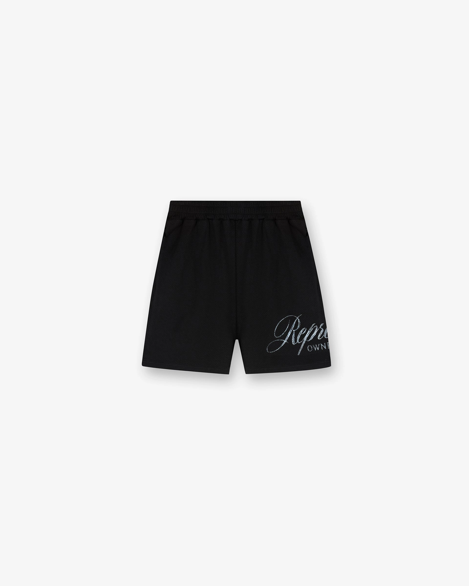 Chill Vibes Stretch performance Represent Owners Club Script Mesh Shorts - Black