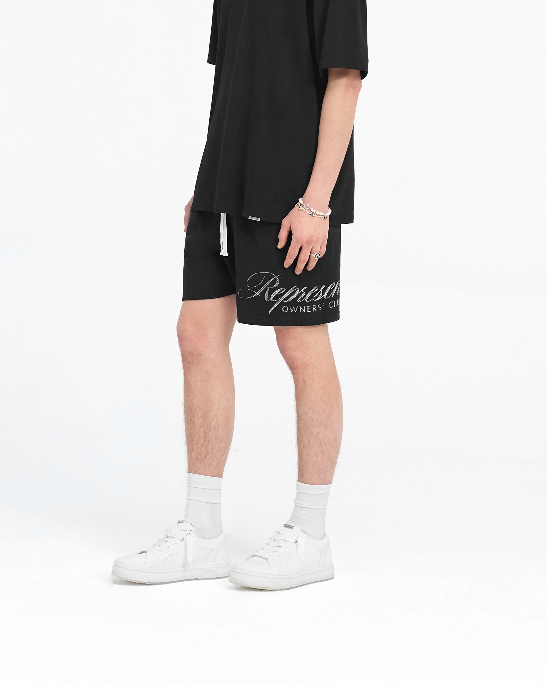 Represent Owners Club Script Mesh Shorts - Black Four Way Stretch Fabric Cool Fit