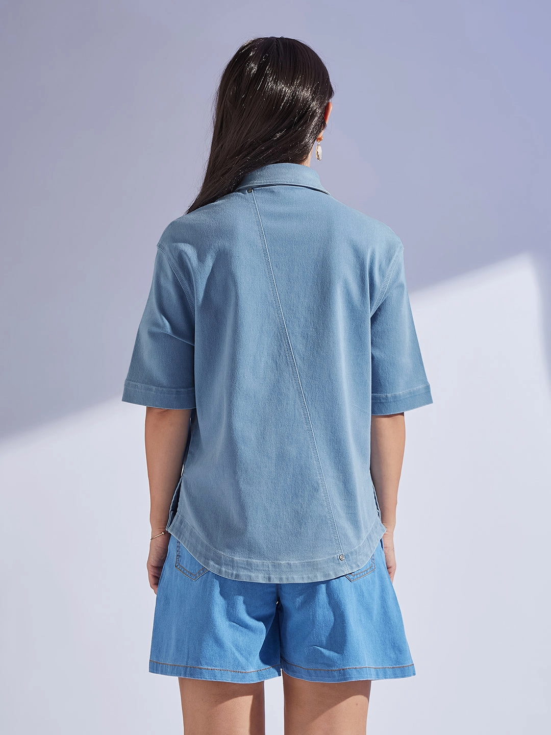 Women's Light Blue Shirt Collar Half Sleeve Asymmetrical Panelled Regular-Length Denim Shirt Ribbed Trim Details