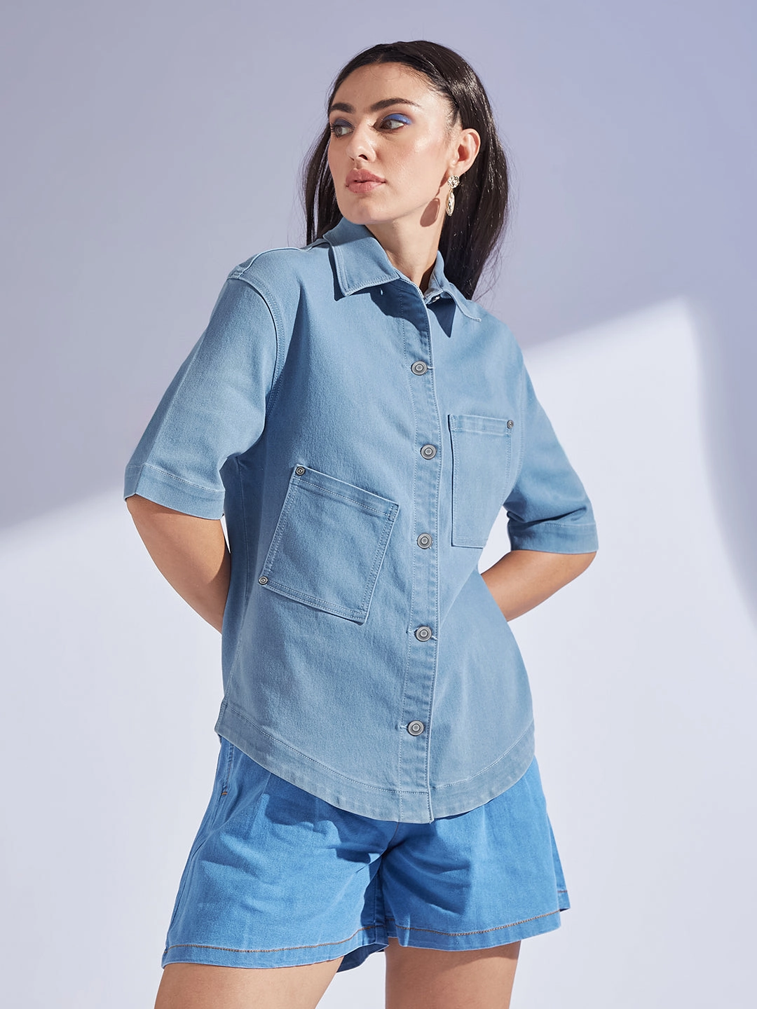 AntiPillingFinish Women's Light Blue Shirt Collar Half Sleeve Asymmetrical Panelled Regular-Length Denim Shirt