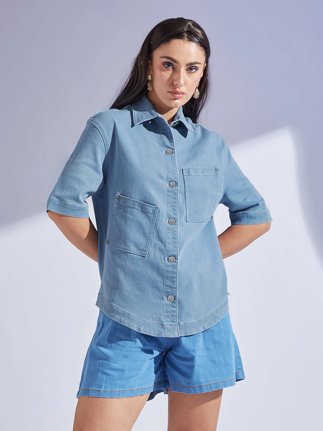 Women's Light Blue Shirt Collar Half Sleeve Asymmetrical Panelled Regular-Length Denim Shirt Classic Crewneck Design YarnDye Technique