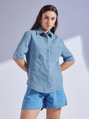 Women's Light Blue Shirt Collar Half Sleeve Asymmetrical Panelled Regular-Length Denim Shirt Classic Crewneck Design YarnDye Technique