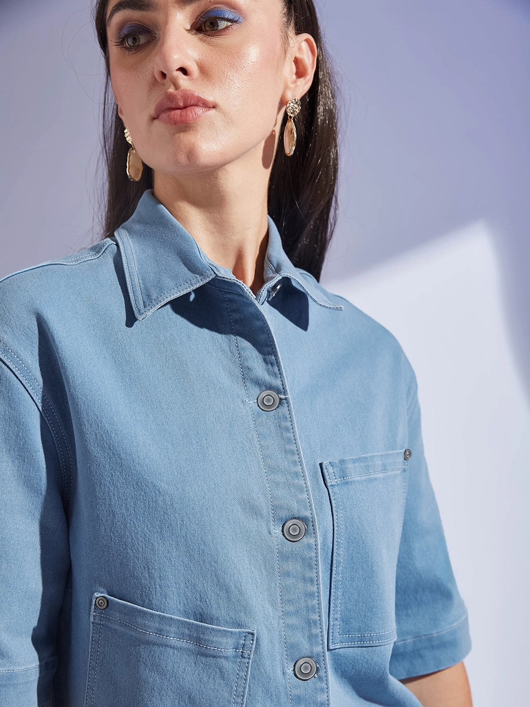 Women's Light Blue Shirt Collar Half Sleeve Asymmetrical Panelled Regular-Length Denim Shirt BondedSeamTechnology