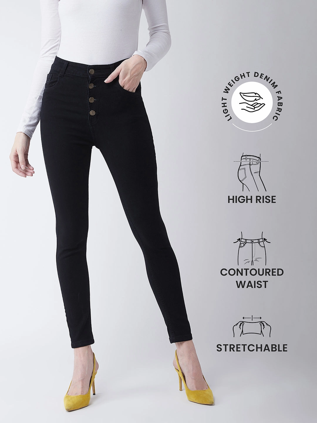 24/7 Comfort Black Skinny-Fit High-Rise Stretchable Denim Jeans Breathable Lining Travel Ease